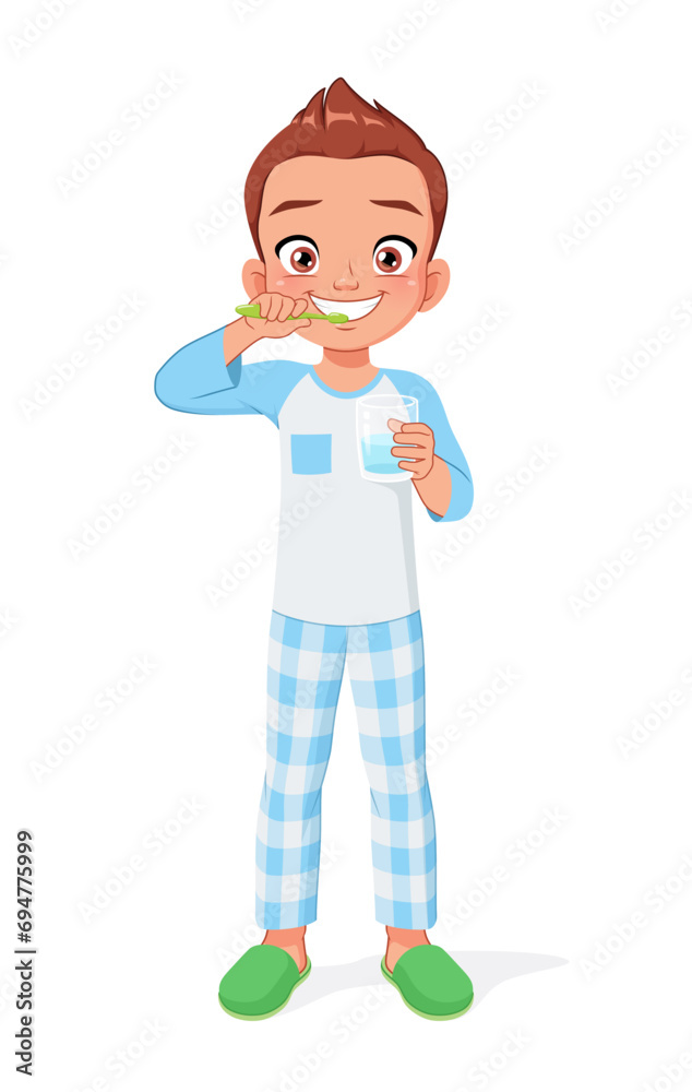Cute young boy brushing his teeth. Cartoon vector illustration.