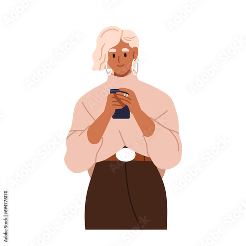 Woman using smartphone. Young female character holding mobile smart phone in ...