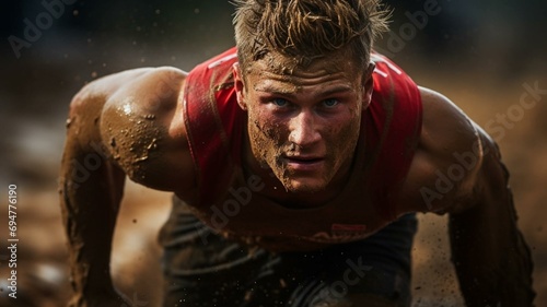 Muscly man competing in a mud obstacle race