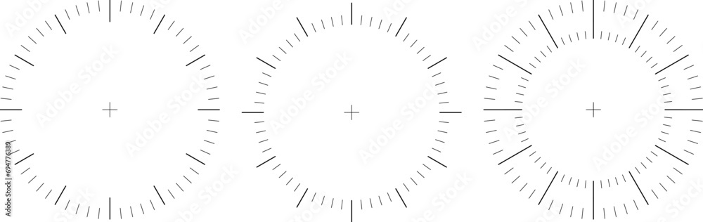 Clock face vector circle. Thermometer elegant degree or weight measuring analogue watches. Speedometer or chrono meter dot marked time scale. - obrazy, fototapety, plakaty 