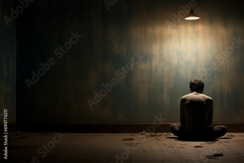 Lonely man sitting alone in front of the door. Home room. Generate Ai