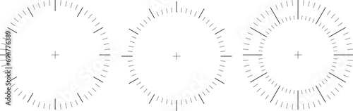 Clock face vector circle. Thermometer elegant degree or weight measuring analogue watches. Speedometer or chrono meter dot marked time scale.