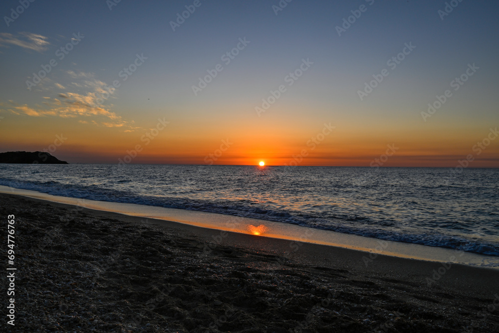 Beautiful high resolution panoramic red colored sunset on the Mediterranean beach- Israel 