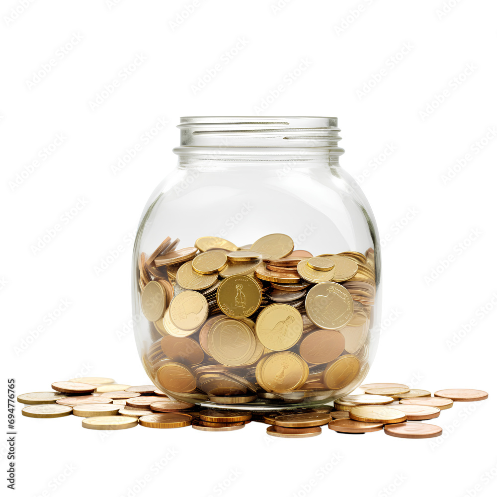 Piggy bank with gold coins, isolated on transparent background, PNG, 300 DPI