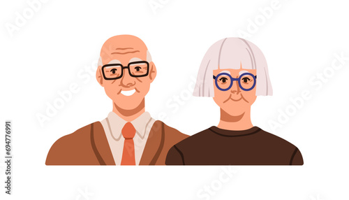 Old senior couple. Elderly retired characters. Happy elder aged spouse, gray-haired husband and wife in glasses. Grandparents, head portrait. Flat vector illustration isolated on white background