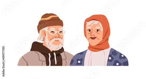 Old senior couple. Elderly aged man and woman smiling. Happy retired male and...