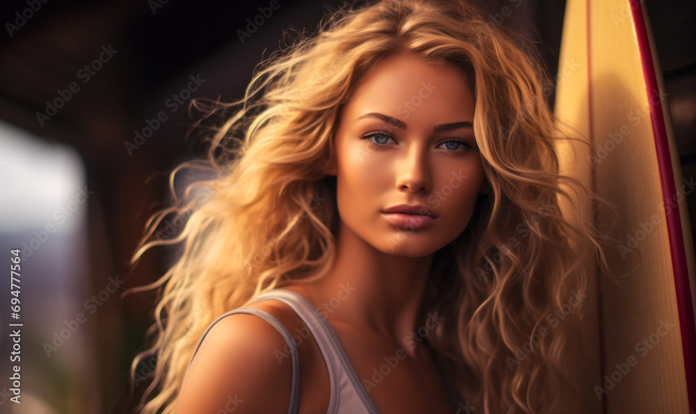 Portrait of a confident blonde surfer woman with a surfboard, poised and ready for a day in the waves, embodying beach lifestyle and adventure