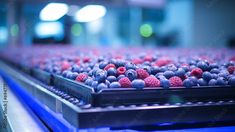 Clean and fresh blueberries and raspberries, tape in the food industry, products ready for automatic packaging.
Clean and fresh blueberries and raspberries, tape in the food industry, products ready for automatic packaging.