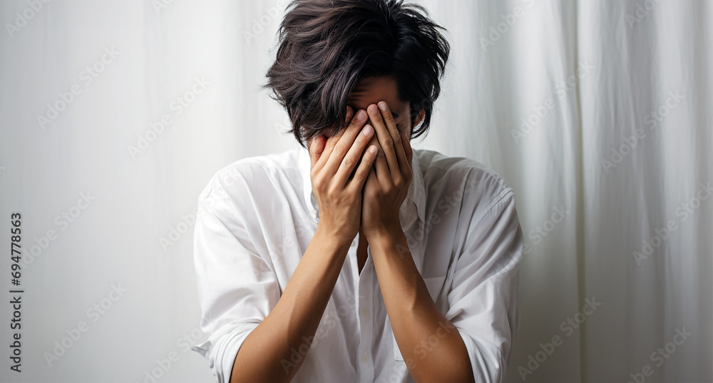 Young Adult Asian Male Wearing White Shirt Covers His Face by Hands, Gesturing He Has Made a Big Mistake or Has a Big Problem - Really Sad, Head in Hands Young Adult Asian Male Wearing White Shirt Covers His Face by Hands, Gesturing He Has Made a Big Mistake or Has a Big Problem - Really Sad, Head in Hands