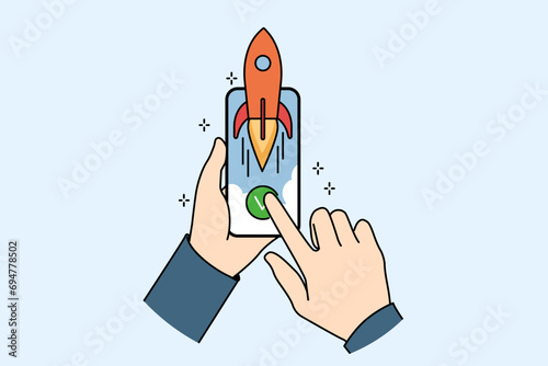 Hands with phone with rocket symbolizing fast internet and high-quality network for using mobile apps. Smartphone with high-speed internet for surfing websites and watching videos on video hosting