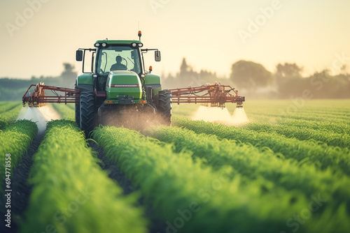 Tractor spraying soybean field at spring.
 photo