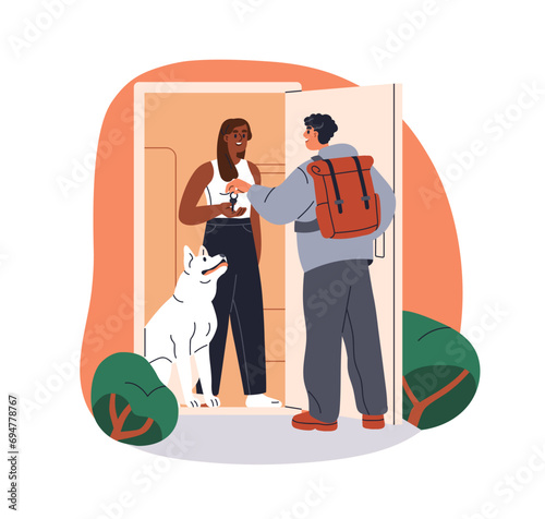 Pet sitter staying with dog at home while doggy owner leaving for holiday. Walker from canine animal service, caring about puppy at house. Flat vector illustration isolated on white background