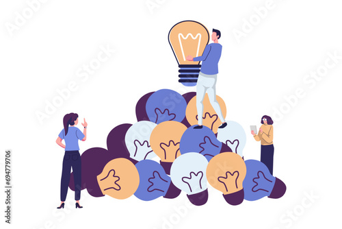 people climbed up on extinct light bulbs symbol searching ideas flat style illustration vector design
