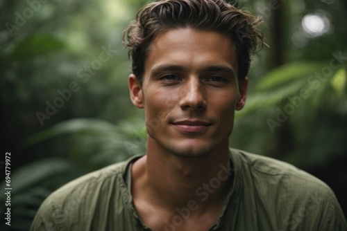 Close-up contrast portrait of a handsome young smiling man with light and shadow on his face on a green background of the tropics, botanical garden, forest.