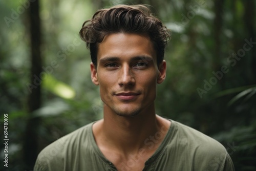 Handsome young sexy smiling man in the forest, jungle, tropics, botanical garden.