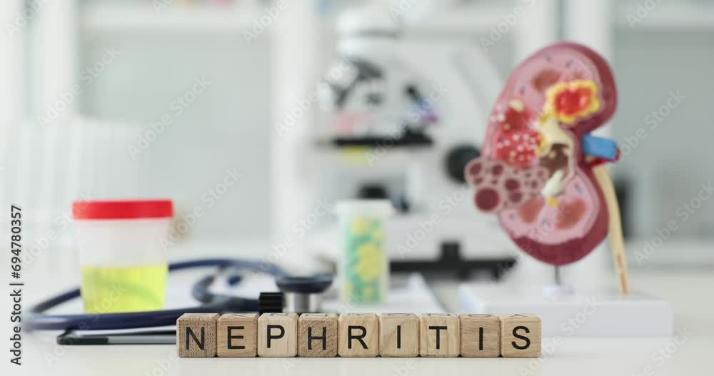 Nephritis inscription on wooden cubes on the table in the clinic, close-up. Kidney disease, diagnostics Nephritis inscription on wooden cubes on the table in the clinic, close-up. Kidney disease, diagnostics