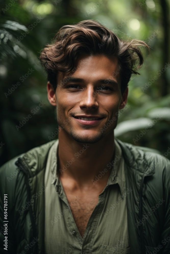 Handsome young sexy smiling man in the forest, jungle, tropics, botanical garden. Handsome young sexy smiling man in the forest, jungle, tropics, botanical garden.
