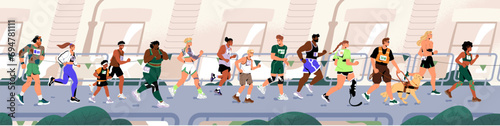 Diverse people running an urban marathon. Runners jogging on city streets side view. Healthy joggers and with disability move on race, competition. Inclusive sport training. Flat vector illustration photo