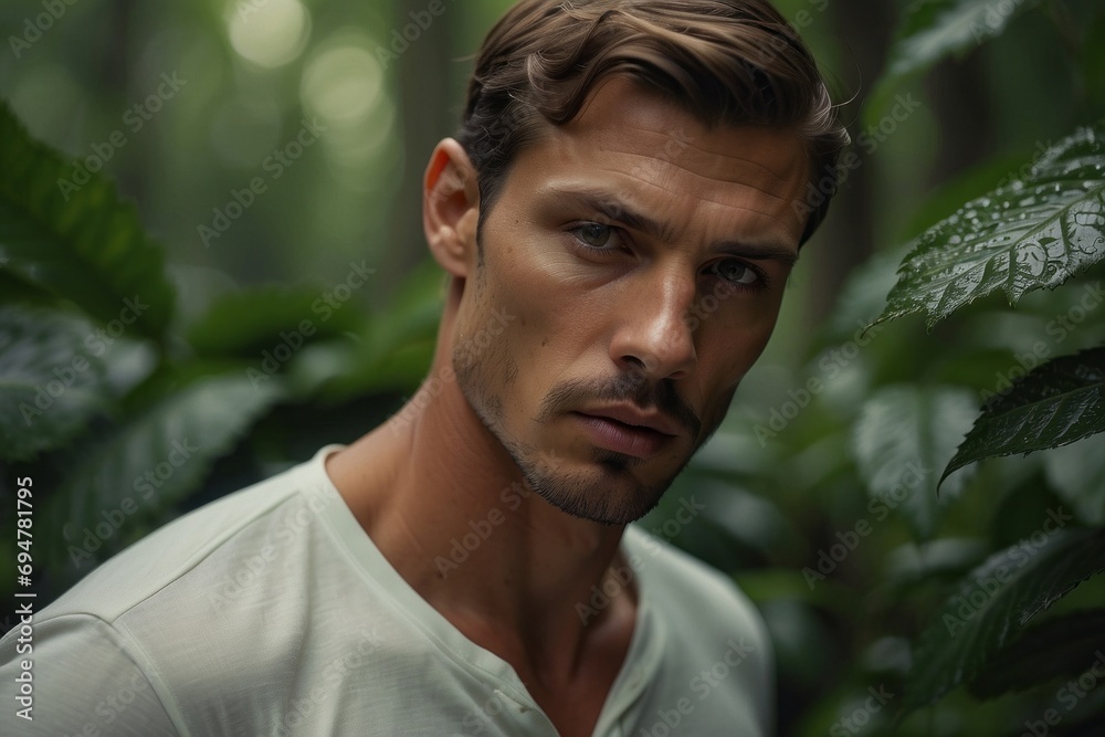 A closeup portrait of a handsome muscular athletic young man without clothes looking directly into the camera against a background of green leaves in the jungle. Fashion, men's cosmetics, spa concepts
