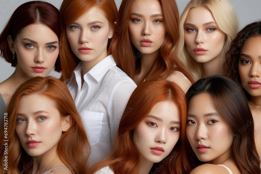 Close-up portrait of a beautiful attractive Multiethnic, multiracial different woman with natural beauty looking into the camera on a white background. Beauty, race, diversity concepts.