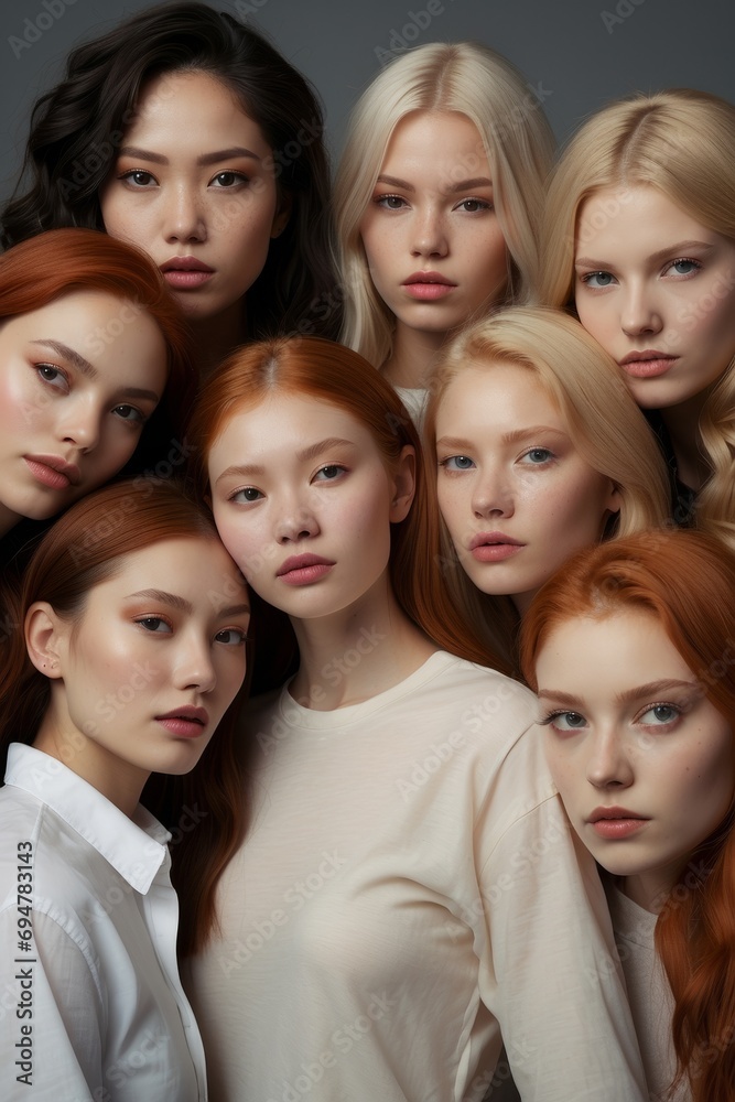 A diverse group of beautiful attractive multi-ethnic women of different races, fashion models with natural beauty and smooth skin looking at the camera on a gray background. A diverse group of beautiful attractive multi-ethnic women of different races, fashion models with natural beauty and smooth skin looking at the camera on a gray background.