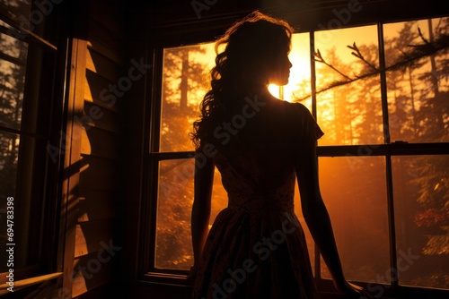 Female form in silhouette as she enjoys the golden sunshine by a wooden cabin window, Generative AI © Shooting Star Std