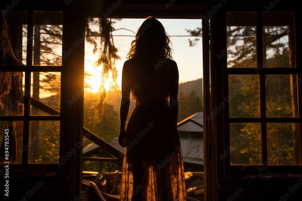 Female form in silhouette as she finds solace in the golden sunshine by a cabin window, Generative AI