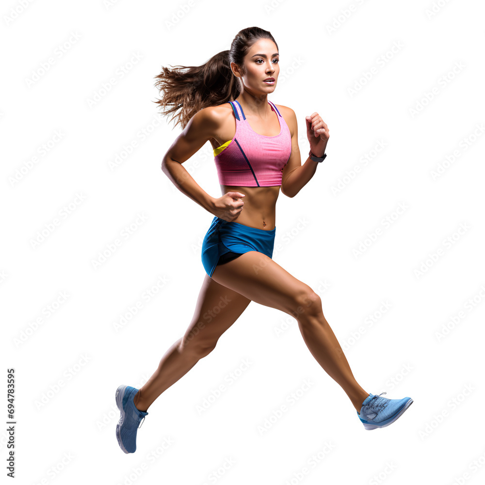 Fototapeta premium Woman professional running athlete in a running pose, isolated on transparent background, PNG, 300 DPI