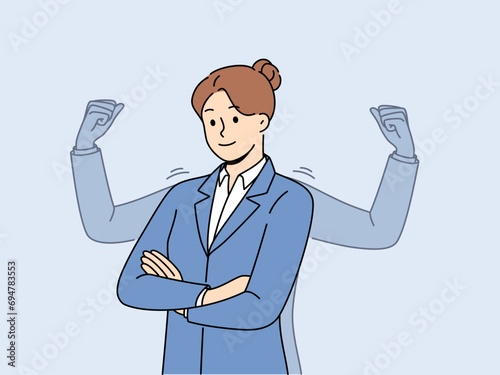 Strong business woman stands with arms crossed near imaginary biceps, symbolizing self-confidence and desire for success. Ambitious business lady company manager is ready to save clients from crisis