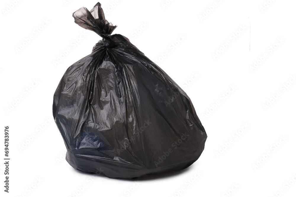 PNG, Garbage in black trash bag, isolated on white background