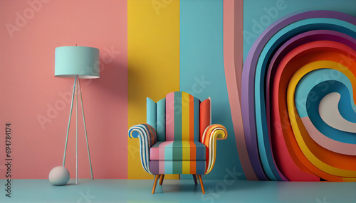 Abstract minimal concept. Pastel multi colour vibrant groovy retro striped background wall frame with bright armchair decor. Mock up template ai generated image