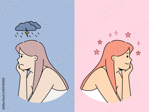 Women in opposite mood with thundercloud and spring flowers overhead as metaphor for influence of climate on emotions. Girl with long hair feels change in mood in different seasons