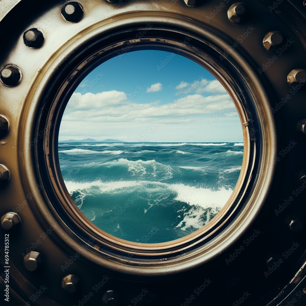 Porthole, look on the sea. Boat porthole. ship porthole or window with sea and horizon. Sea life. Sailors. Sailing. Porthole, look on the sea. Boat porthole. ship porthole or window with sea and horizon. Sea life. Sailors. Sailing.