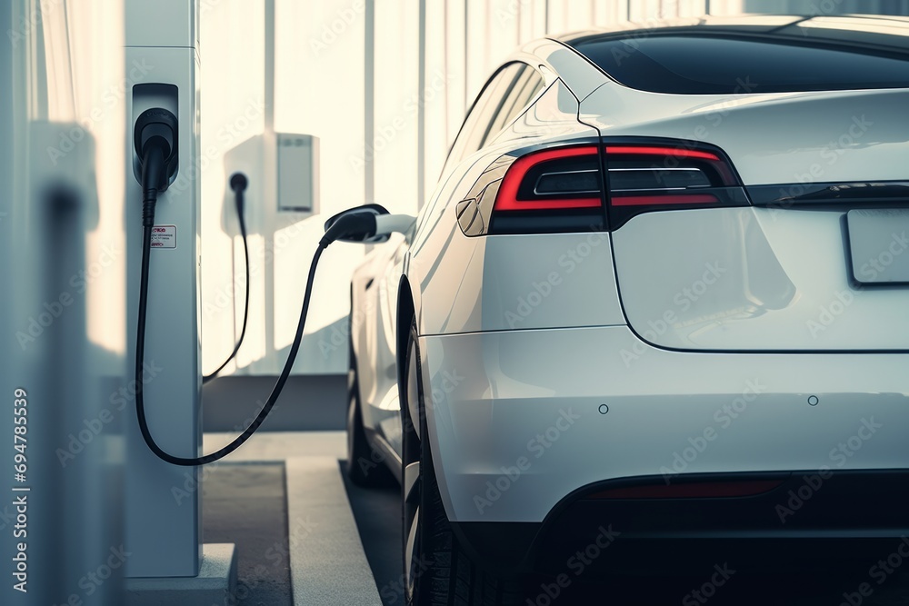 Electric vehicle charging at a charging station with a focus on the connector and cable Electric vehicle charging at a charging station with a focus on the connector and cable