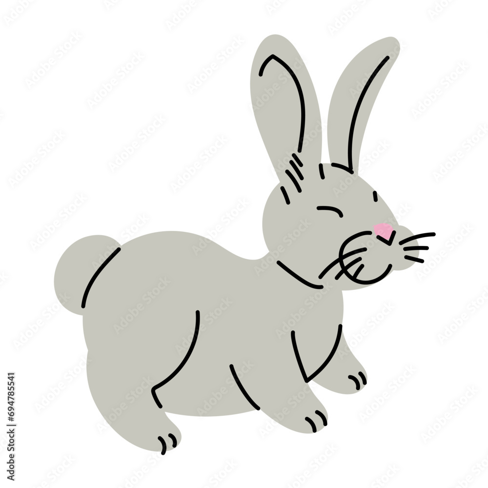 Vector cute funny fluffy rabbit. A cartoon rabbit character in a flat style. A pet highlighted on a white background. Cute, grey funny hare Vector cute funny fluffy rabbit. A cartoon rabbit character in a flat style. A pet highlighted on a white background. Cute, grey funny hare