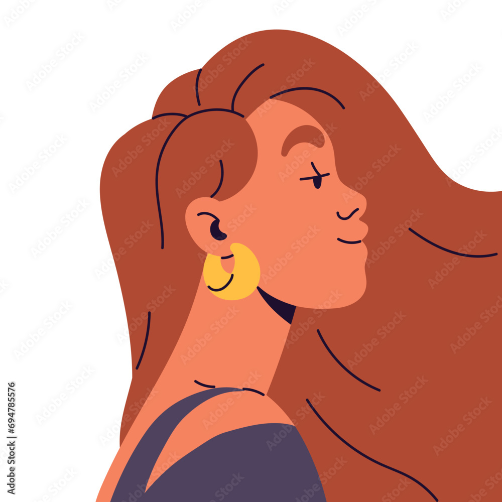 Young woman avatar side view. Stylish girl with happy emotions on face portrait. Calm user profile, female head with round earrings, jewellery. Flat isolated vector illustration on white background Young woman avatar side view. Stylish girl with happy emotions on face portrait. Calm user profile, female head with round earrings, jewellery. Flat isolated vector illustration on white background