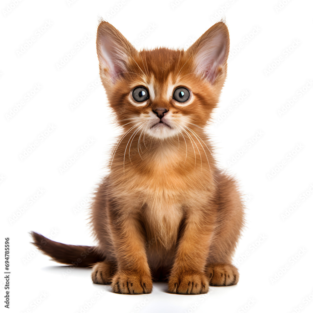 A cute baby Abyssinian cat on a white background