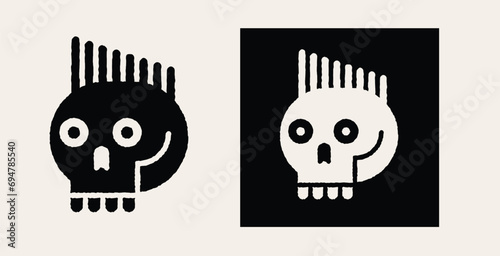 Punk skull icon with mohawk. Vector black and white illustration.