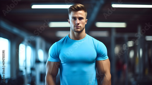 Muscular and fit, handsome young fitness instructor or personal trainer, standing in the gym with crossed arms, smiling and looking at the camera. Strong, athletic male workout mentor