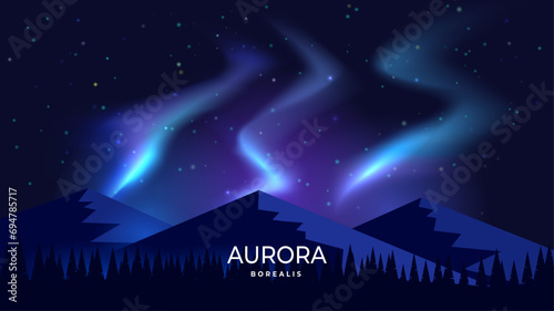 Vector illustration. Aurora borealis in the Arctic. Landscape background. Bright glow at night, starry sky. Design for background, banner, postcard, cover.	