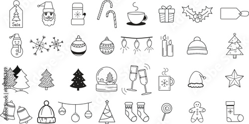 Christmas Icons set on white bavkground in handrawn style. Isolated items. Vector illustration. Promotion vector. photo