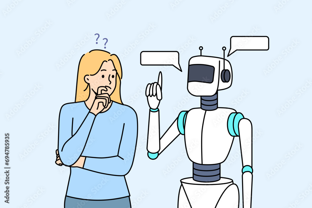 Robot helps woman, thinking about solving complex issue and turned to artificial intelligence for help. AI robot reports idea obtained thanks to work of neural networks in futuristic bot Robot helps woman, thinking about solving complex issue and turned to artificial intelligence for help. AI robot reports idea obtained thanks to work of neural networks in futuristic bot