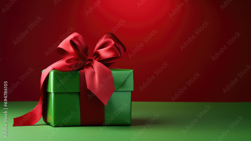 Green Gift box and festive red hearts on red background. Gift concept for Valentine Day, Wedding or Birthday, flat lay