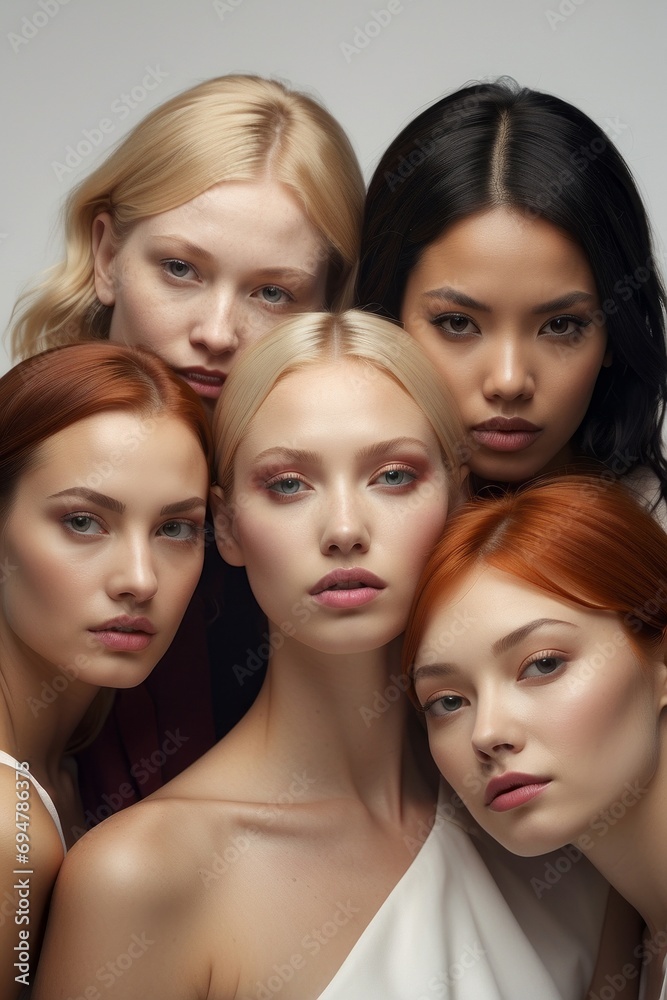Close-up of a portert Multi-ethnic group of young beautiful brunette, blonde, red-haired women with radiant skin and natural beauty looking at the camera on a white background.