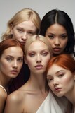 Close-up of a portert Multi-ethnic group of young beautiful brunette, blonde, red-haired women with radiant skin and natural beauty looking at the camera on a white background.