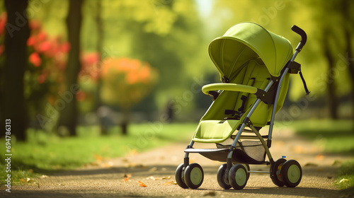 Child stroller or perambulator in the city park with green grass on a sunny spring or summer day. Green baby carriage or pushchair with wheels photo