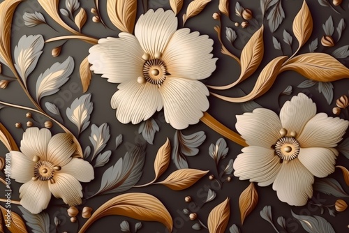 Luxury seamless pattern elegant leather base floral ornament with flowers illustration background. Floral ornament, textile, fabric background, Generative AI