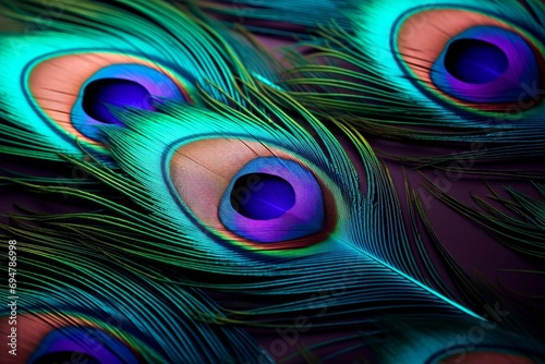 elegant leather colorful peacock feather background. peacock feather wallpaper. beautiful abstract close up of peacock feather background, Generative AI