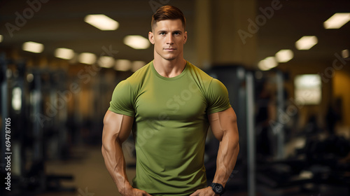 Muscular and fit, handsome young fitness instructor or personal trainer, standing in the gym with crossed arms, and looking at the camera. Strong, athletic male workout mentor or fitness coach