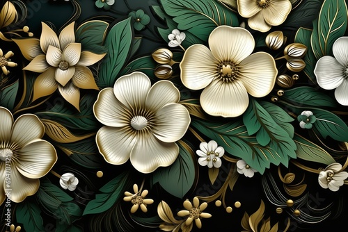 Luxury floral seamless with flowers elegant leather texture illustration background in golden, green, white and black colors, Generative AI